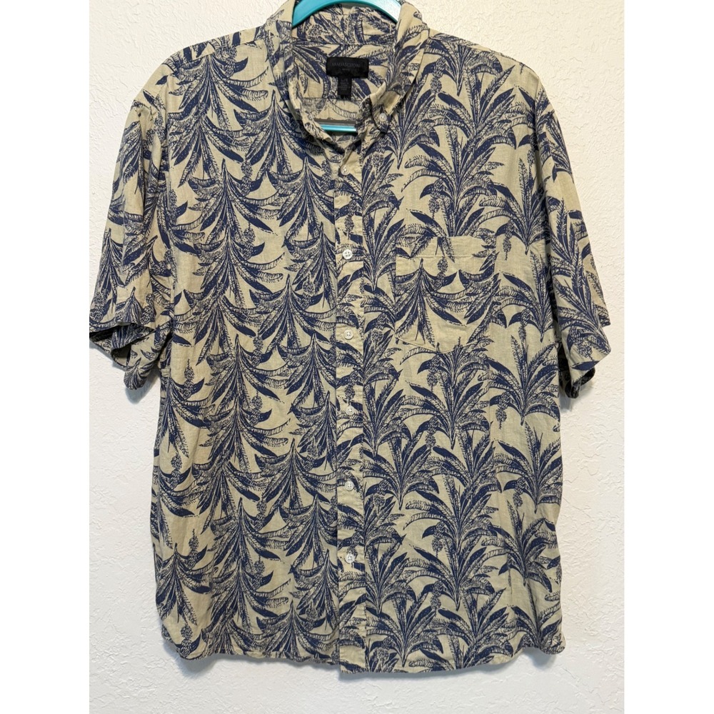 Magaschoni Man Blue Tropical Palm Print Linen Blend Button Down Shirt Mens L
